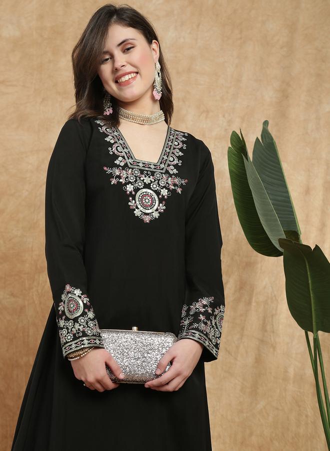 globus Women Black Sequin Zari Embroidered Kurta with Pant Set - Image 5